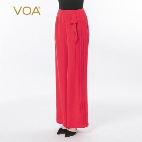 VOA Silk Heavy 30mm Dream Red Natural Waist Fold Three-dimensional Loose-leaf Loose, Smooth and Versatile Wide-leg Pants KE518