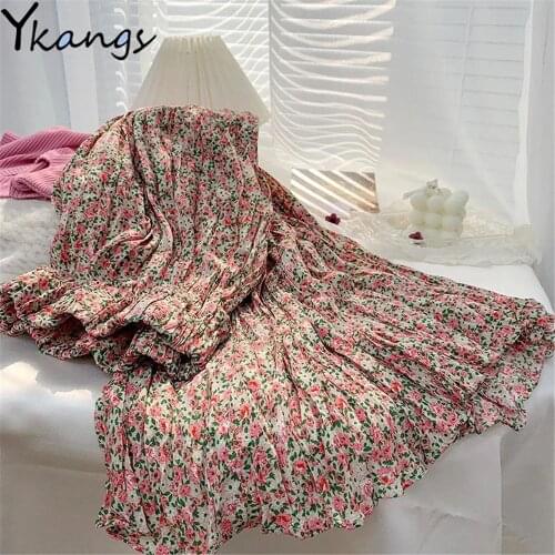 Chic Pleated Skirts Woman 2021 Spring Summer New Ins Fashion A-Line Floral Printing Temperament High Waist Slim Versatile Skirt