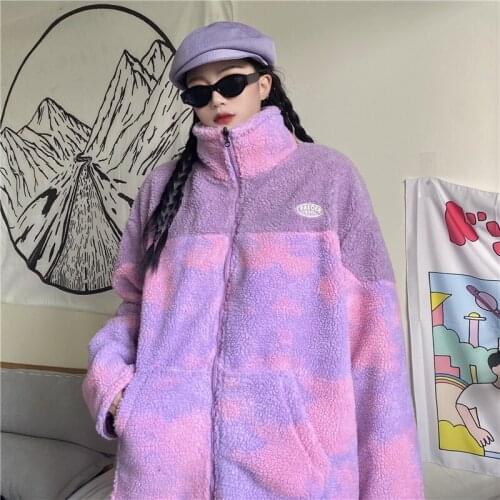 Winter Plus Velvet Thicken Warm Women Jacket Tie-dye Stand-up Collar Wild Korean Style Loose Retro Hong Kong Thermal Fleece Coat