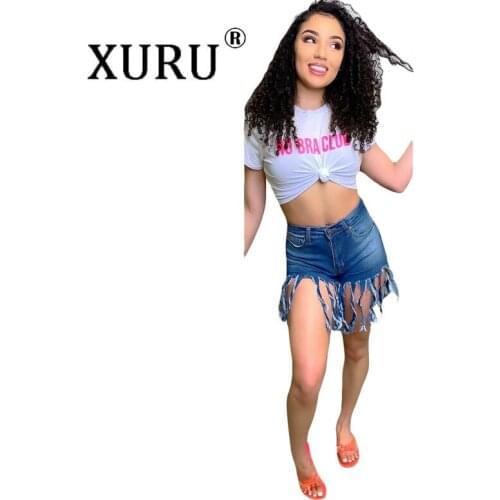 XURU European and American Womens Jeans Autumn New Womens Tassel Sanding Hot Denim Shorts