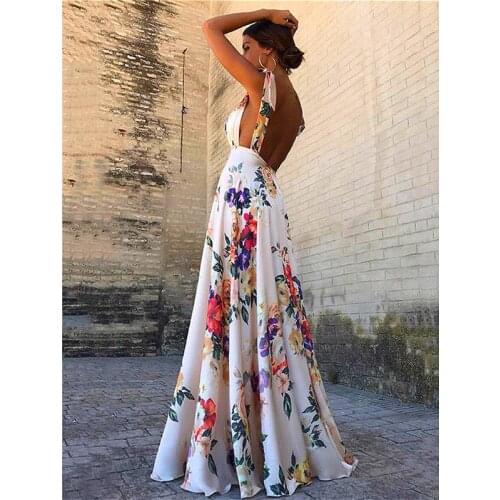 Floral Print Vintage Dress Women Summer Sleeveless V-Neck Backless Casual Long Maxi Dress Party Evening Beach Boho Dresses