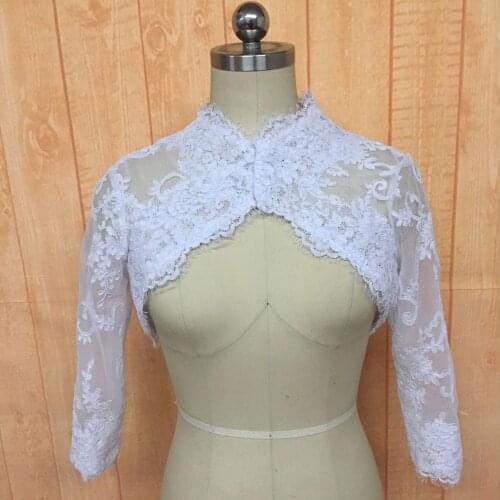 3/4 Long Sleeve Bridal Jacket Lace Wedding Bolero Shawl White Ivory Appliques Wedding Coat Custom Made