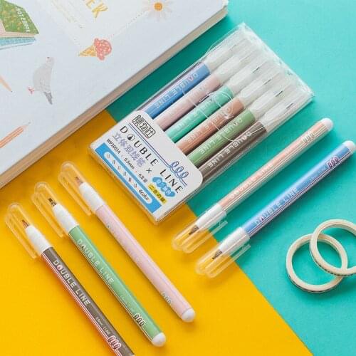 6pcs Double Line Highlighter Pen Set 0.5mm Tip 2 Lines Art Marker Drawing Design Liner Office School Student F6768