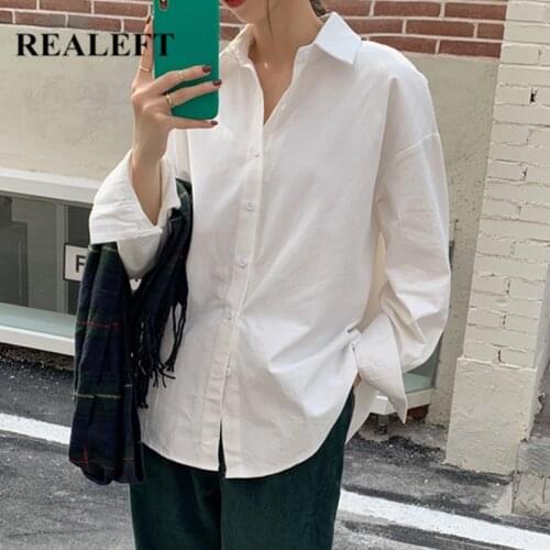 REALEFT 2021 New 100% Cotton Purple Oversize Womens Blouse Korean Style Long Sleeve Button Tops Elegant Loose Shirts Tops Lady