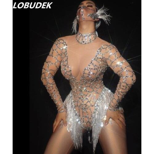 Silver Rhinestones Tassel Long Sleeve Stretch Mesh Bodysuit Bar Nightclub DJ Costume Sexy Party Show Stage Latin Dance Bodysuits