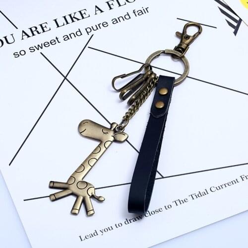 Unisex Retro Punk Giraffe Key Chain Fashion Pure Manual Weaving Cute Animal Deer Key Holder Leather Metal chain Jewelry