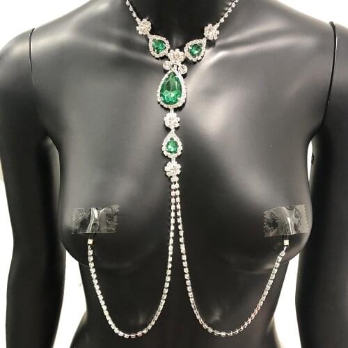 StoneFans Green WaterDrop Nipple Chain Jewelry Purple Sexy Piercing Ring Chains Jewellery Clip For Women Winter Festival Gifts
