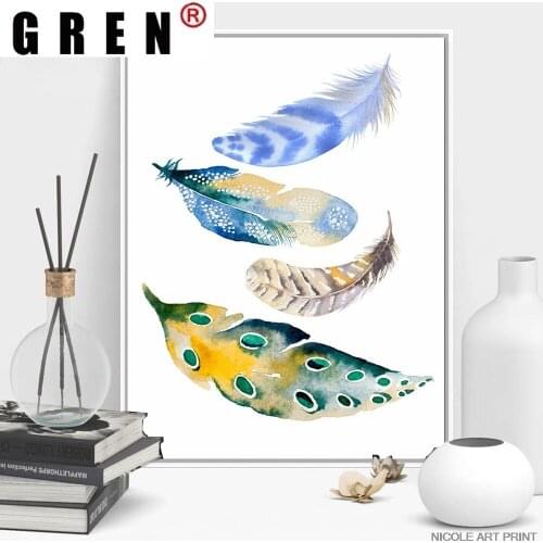 GREN Nordic Watercolor Feather Bohemia Canvas Painting Wall Art Print Poster Picture Modern Living Room Home Decor