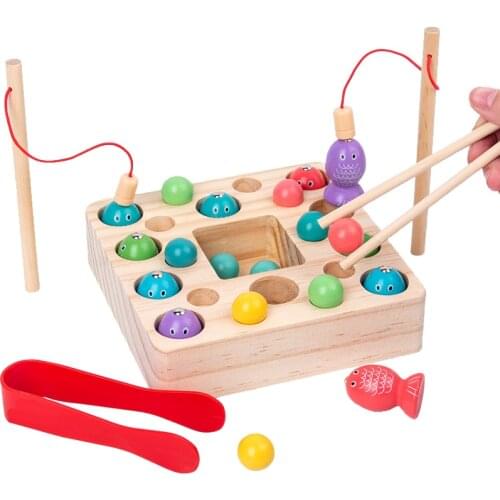 Children Montessori Magnetic Fishing Games Toys Wooden Box Clip Beads Game Baby Early Educational Puzzle Toy Fine Motor Training