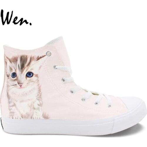 Wen Custom Design Creamy Kitty White Cat Hand Painted Animal Shoes Canvas Unisex Sneakers High Top Skateboard Shoes Plimsolls