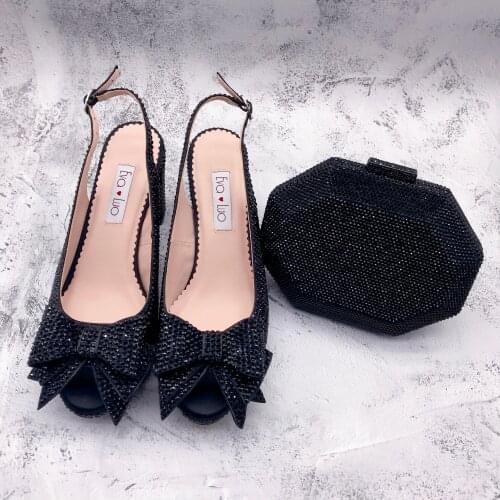BS1360 Custom Made Dress Sandal Women Shoes Bridal Wedding Black Crystal Shoes With Matching Bag Set