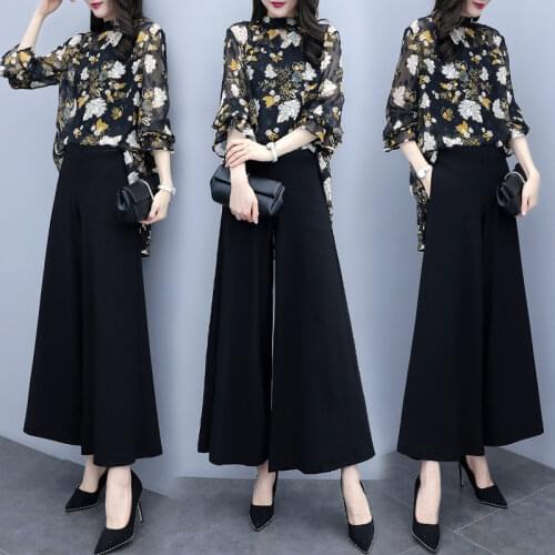 2021 Summer Womens Two Piece Set Floral Print Three Quarter Sleeve Long Tops And High Quality Loose Pants Suit For Women