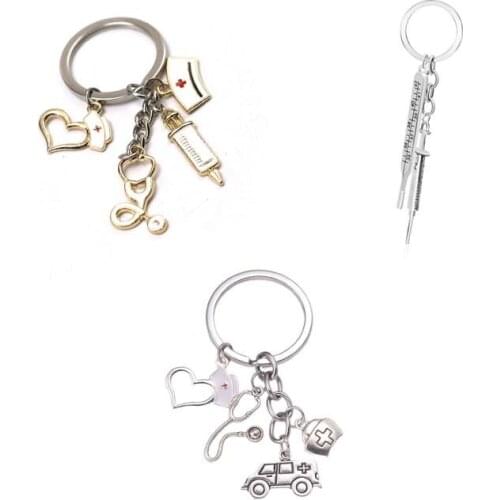 EMT Nurse Doctor Cylinder Needle Stethoscope Metal Keychain Medical Souvenirs Gifts