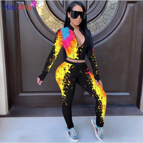 HAOOHU Fashion Painted Galaxy Womens Set Long Sleeve Tops Pencil Pants Suit Tracksuit Moto Biker Two Piece Set Fitness Outfit
