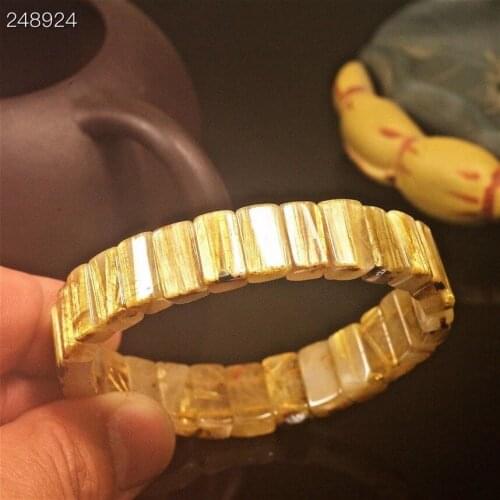 Genuine Natural Gold Rutilated Titanium Quartz Bangle Bracelet 13*6mm Crystal Woman Men Clear Rectangle Beads AAAAAA