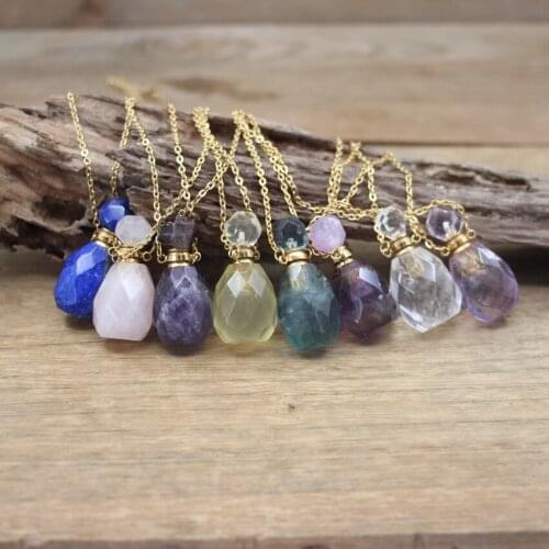 Faceted Lapis Lazuli Essential Oil Vial Pendant Necklaces Fluorite Amethysts Lemon Quartz Perfume Bottle Charms Chains QC1091