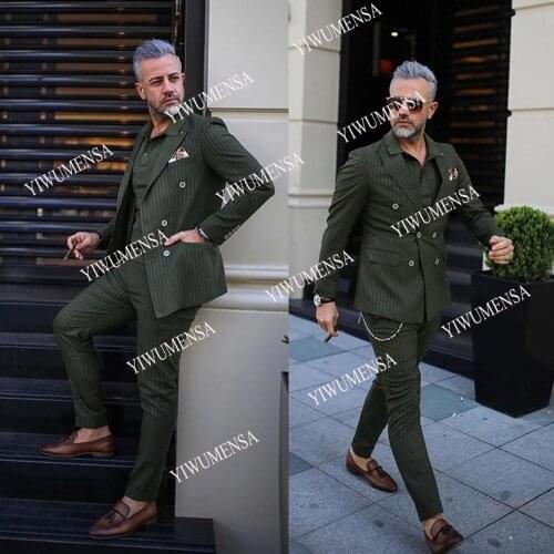 YIWUMENSA Vintage Deep Green Stripe Double Breasted Peaked Lapel Jacket With Pants Slim Fit Business Prom Daily Men Suits Blazer