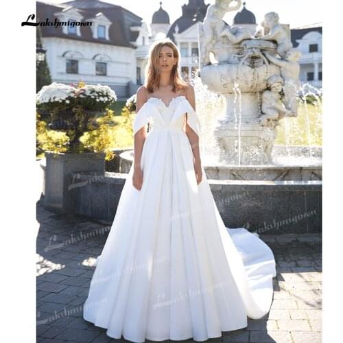 Simple A-Line Soft Satin Wedding Dresses Off The Shoulder Drop Sleeve Sweetheart Neck Lace Back Sashes Chapel Train Bride Gowns
