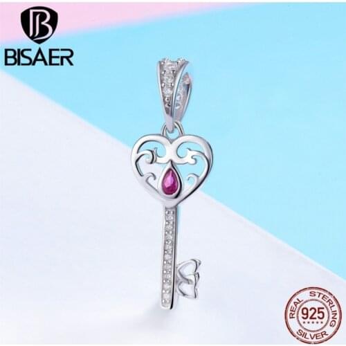 Heart Key Real 925 Sterling Silver Key of Heart Charms Crystal CZ Pendant Beads Fit for Bracelets DIY Jewelry Making ECC791