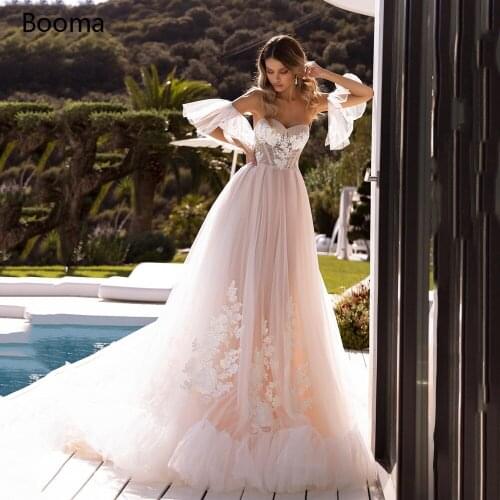 Stunning Pink Princess Wedding Dresses Sweetheart Off Shoulder Lace Appliques Bride Dresses Long Train A-Line Tulle Bridal Gowns