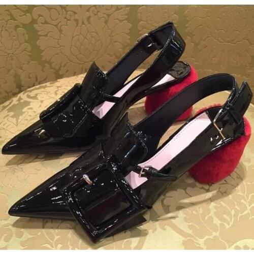 Slingback Gladiator Sandals Women Shoes Pointed Toe Buckle Zapatos De Mujer Block Heels Pumps Furry Sandalias Mujer 2019 Bridal