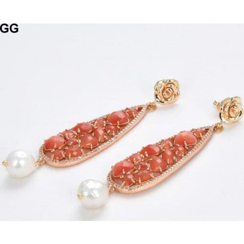 GuaiGuai Jewelry Natural Cultured White Baroque Keshi Pearl Bezel Set Orange Cat Eye Flower Stud Earrings For Women