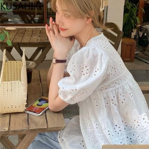 KUSAHIKI Chic Hollow-out Woman Shirts Korean Causal Lace Up V-neck Puff Sleeve Blouse Tops Sweet 2021 Summer New Blusas 6K601