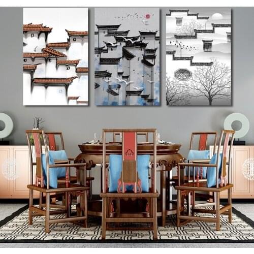 Retro Tranditional Chinese Ink Painting Village City Building Wall Art Picture Picture Black White Home Decor Wall Art Decor