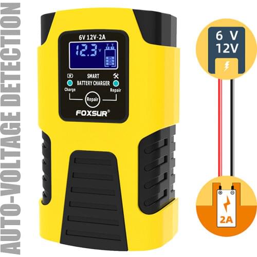 FOXSUR Smart Battery Charger,12V 6V 2A Motorcycle & Car Battery Charger With LCD Display,Automatic Pulse Repair Battery Charger
