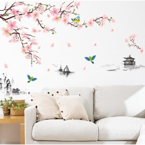 Tree Branch and Bird 3D Pink Removable Peach Plum Cherry Blossom Flower Butterfly Vinyl Art Decal Wall Home Sticker Room Decor