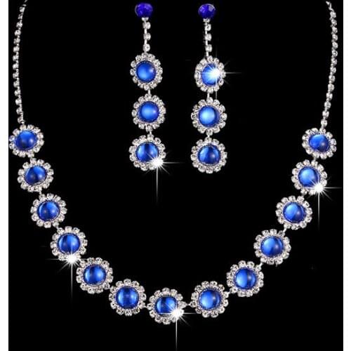 Vintage Female Blue Crystal Jewelry Set Charm Silver Color Flower Dangle Earrings For Women Dainty Bride Wedding Chain Necklace
