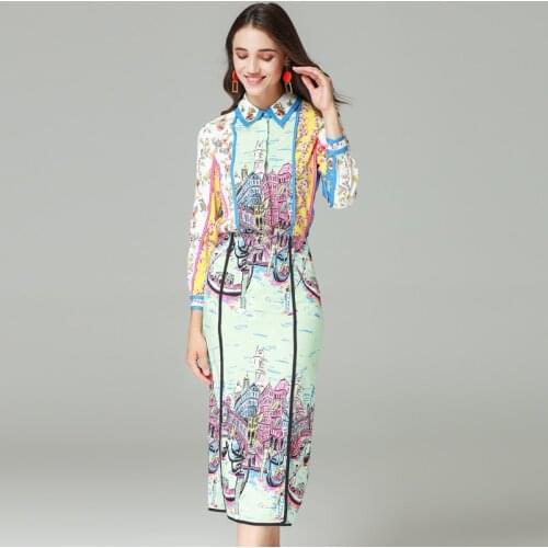 High quality fashion runway set Womens Long Sleeve Crystal Shirt and Print Mid-Calf Bodycon Skirt Casual Elegant Suit sets