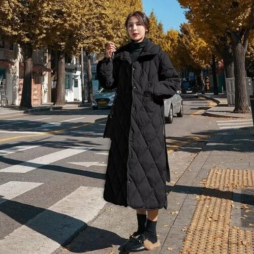 Woman Long Winter Jackets Black Warm Down Cotton Coat Korean Parkas With Belt Female Slim Single-breasted Cotton Jacket Overcoat