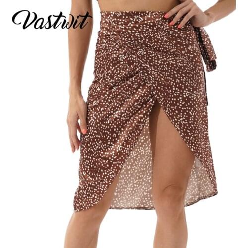 Women Girls Satin Wraps Skirts Summer Fashion Brown Bandage Tie Up Dots Printing Mini Skirt
