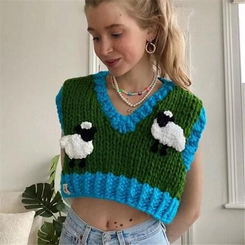Tall waist American brief paragraph all hand stereo little sheep knitted vest female autumn v-neck joker tank top coat