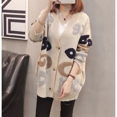 Fashion Women Letter Print Knitted Sweater 2021 Spring Autumn New Korean Long Sleeve Single Breasted Thick Loose Cardigans