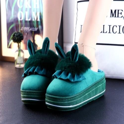 Winter new suede thick bottom plus velvet warm cotton slippers trend cute rabbit ear plush wedge womens slippers