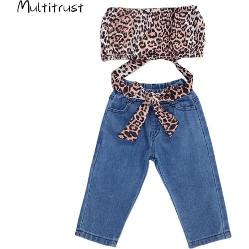 2020 Fashion Summer Girls Leopard Bandage Tube Tops+Denim Long Pants Kids Clothing 2pcs Outifts Set Toddler 0-5Y