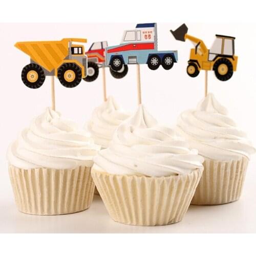 24Pcs Cake Dessert Insert Card Prod With Car Tractor Pattern Cake Decoration Tools Card Cupcake Picks Kids Party Decoration