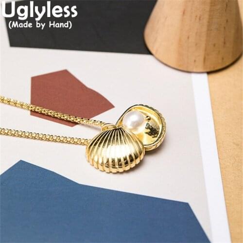 Uglyless Opening Gold Mussel Shell Pendants for Women Natural Pearls Necklaces 925 Silver Fashion Jewelry Gemstones + Chains