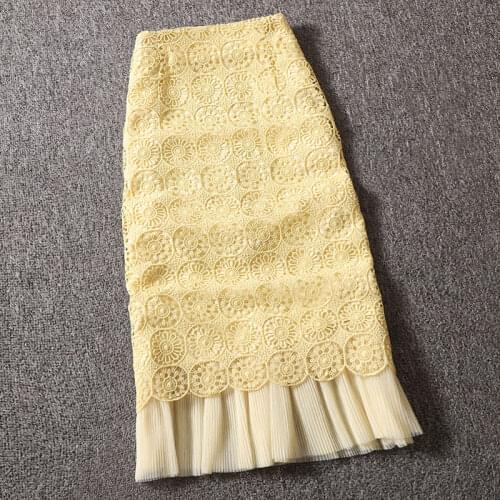 Faldas Mujer Moda 2021 Women High Waist Mesh Patchwork Lace Skirts Korean Streetwear Jupe Femme Midi Pencil Skirt