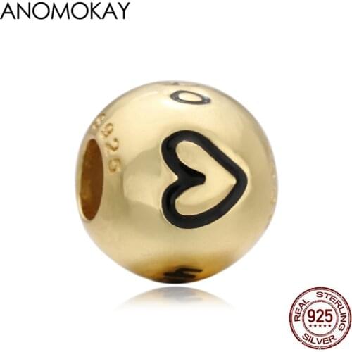Anomokay Classic Cherish Love Gold Color Round Charm fit Bracelet & Bangle Real 925 Silver Black Enemal Heart Letter Beads