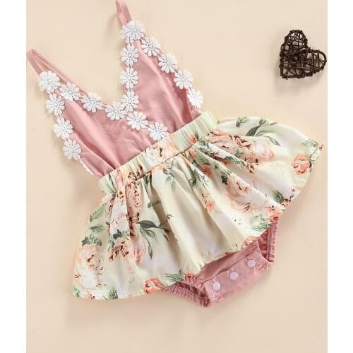 FOCUSNORM 0-24M Summer Cute Baby Girls Rompers Flowers Printed Lace Sleeveless V Neck Sling Jumpsuits