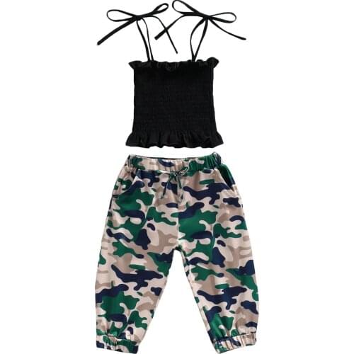 2Pcs Little Girls Outfit, Sweet Style Solid Color Lace Hem Sleeveless Elastic Suspender Tops + Camouflage Printing Long Pants