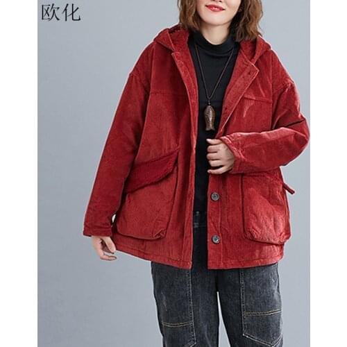Plus Size 4XL 5XL 6XL Corduroy Jacket Women Coat Oversize Winter Thicken Warm WomenS Padded Jacket Female Hooded Loose Parker