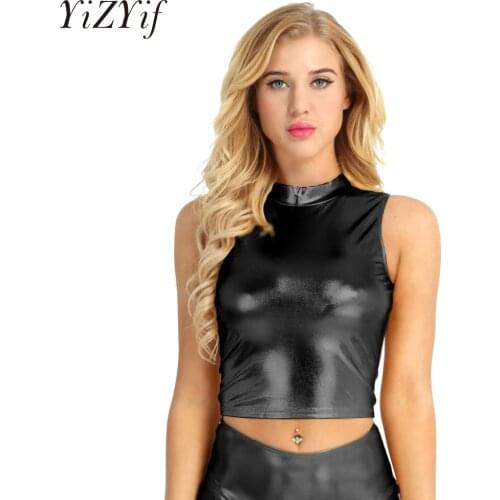 YiZYiF Faux Leather Tank Tops Bralette Crop Top Women Fitness Crop Top Feminino Sleeveless Sexy WetLook T shirts Bodycon Fashion