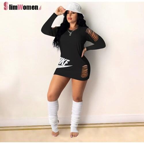 Y2K Tshirt Mini Dress Autumn Women Long Sleeve Hole Letter Print Fashion Plus Size Sundress Outdoor Sports Dresses Female 2021