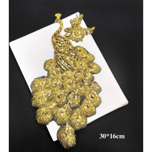 1Pcs Large Gold Iron on Sequined Peacock Patches Embroidered Badges for Clothes DIY Appliques Craft Decoration LSHB946