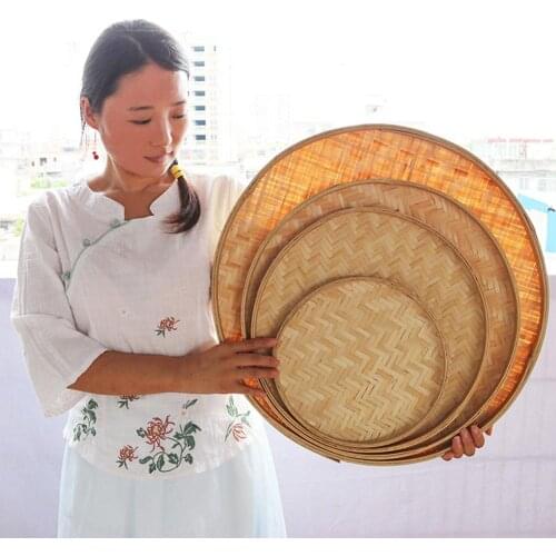 Hand-woven Bamboo Sieve Tray Hand-painted Bamboo Raft Round Dustpan DIY Crafts Decorative Fruit Bread Basket Kitchen Storage