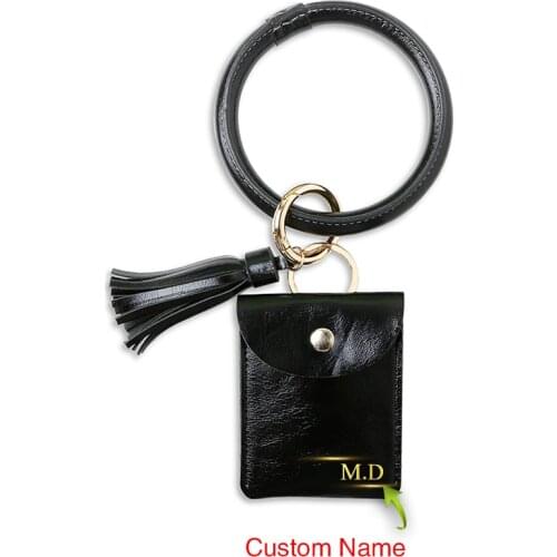 Custom Name Bracelet Card Holder Keychain Women Wallet Solid Credit Card O Ring Wristlet Coin Purse Tassels Keyring Pendant